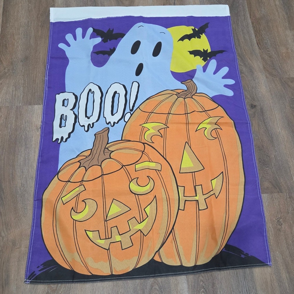 Vintage Halloween Garden Flag Ghost Jack-O-Lantern Pumpkin Boo Banner 28x41